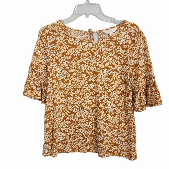 LC Lauren Conrad  Brown Floral Smocked Flutter Sleeve Tunic Tie Back Size Small - Picture 1 of 8